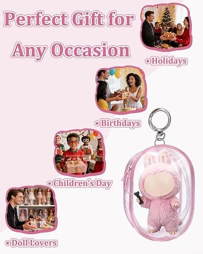 3Pcs Clear Figure Display Bag,Keychain Carrying Case, Portable Small Doll Storage Pouches,Dustproof Small Display Case for Figurines, Blind Box, Mini Dolls, Shelf/Outdoor Showcase PVC Bag（Pink） thumbnail 7