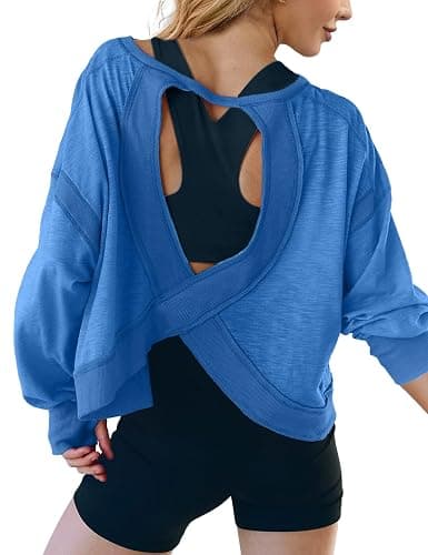 UNIANKIYA Open Back Workout Tops for Women Long Sleeve Cropped Athletic Clothes Gym Running Yoga Low Impact Sports T Shirts thumbnail 4
