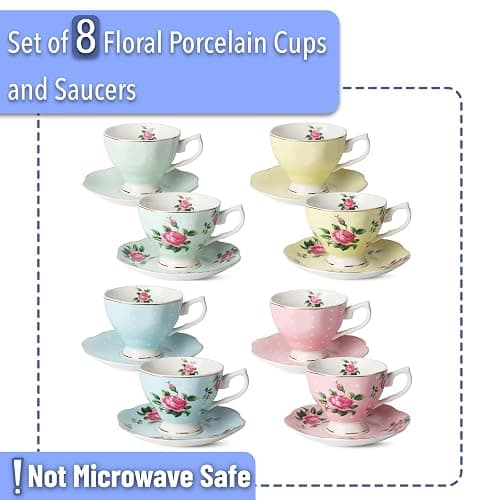 BTaT- Floral Tea Cups and Saucers Set of 8 (8 oz), Porcelain Tea Cup Sets, Assorted Colors with Gold Trim & Gift Box, Dishwasher Safe thumbnail 4