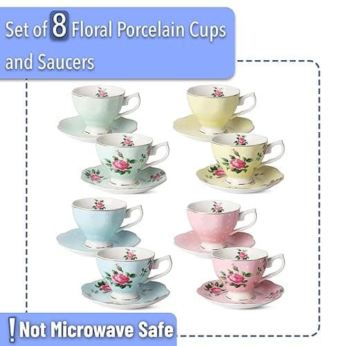 BTaT- Floral Tea Cups and Saucers Set of 8 (8 oz), Porcelain Tea Cup Sets, Assorted Colors with Gold Trim & Gift Box, Dishwasher Safe thumbnail 5