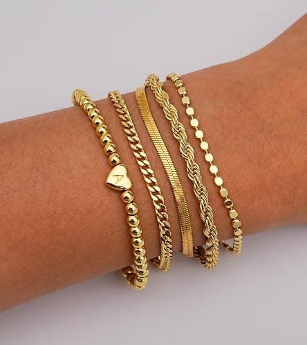 doubgood Gold Bracelets for Women, 14K Gold Plated Stackable Initial Beaded Bracelet with Letter Pendant Waterproof Stretch Trendy Stack Jewelry Set Gifts for Women thumbnail 2