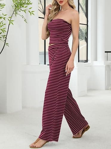 UNCOOYEE Two Piece Sets For Women Summer Outfits Lounge Sets Striped Tube Top And Pants Matching Sets Beach Vacation Travel thumbnail 4