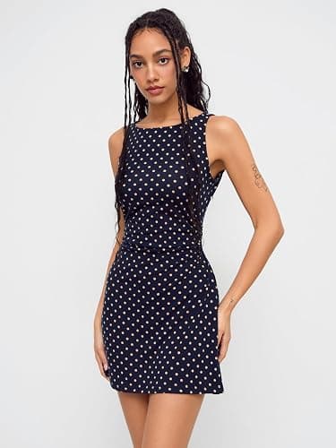 CIDER Mini Dress Polka Dot Ruched Bodycon Boat Neck Sleeveless Casual Elegant Party Date Slim Fit Dresses thumbnail 3