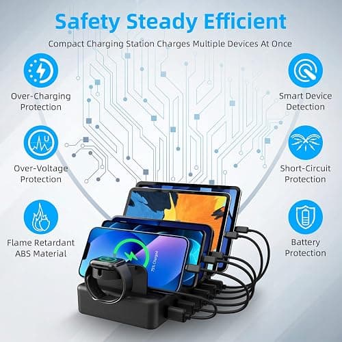 Charging Station for Multiple Devices, CREATIVE DESIGN 50W 6 Ports USB Charger Station with Apple Watch Holder & 6 Cables, Charging Dock for iPad Cellphone Kindle Tablet and Other Electronic (Black) thumbnail 4