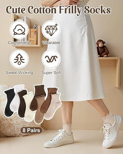 Ludaro 8 Pairs Ruffle Socks for Woman Girls, Soft Casual Knit Ankle Boot Quarter Gifts, Womens Cotton Lettuce Edge Crew Socks thumbnail 5