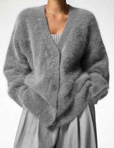 Arssm Womens Fuzzy Cardigan Sweater Long Sleeve Cardigans Button Down V Neck Fluffy Knit Top Fashion 2025 Knitwear thumbnail 2