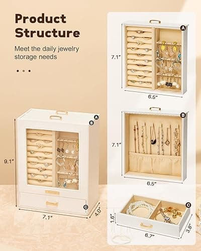Homde Jewelry Organizer Girls Women Jewelry Box for Necklaces Rings Earrings Gift Bracelets Storage Case (White + Gold) - White + Gold thumbnail 3