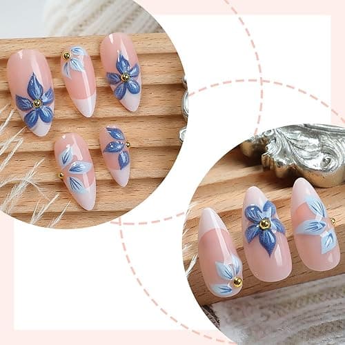 HOSAILY 3D Flower Press on Nails Medium Almond, Natural Nude Blue White French Tip Daily Press ons for Women, 24pcs Glossy Pretty Reusable Semi-Homemade Soft Gel Full Cover Stick on Fake Acrylic Nail thumbnail 2
