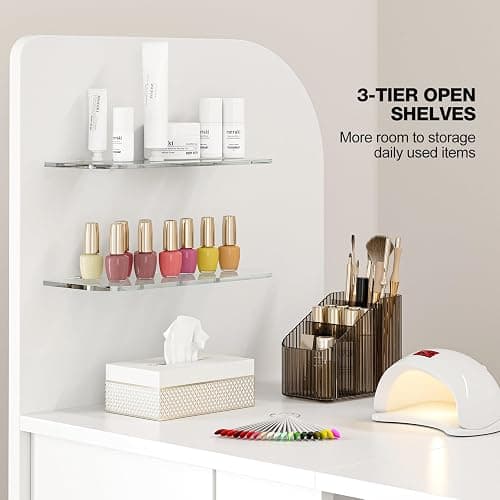 Paddie Foldable Manicure Nail Table with Glass Shelf, Folding Nail Tech Desk w/Dust Collector, 2 Open Shelves & 2 Drawers, Wrist Pad, Lockable Wheels, Storage Desk for Nail Tech（White） thumbnail 4