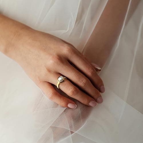 HOSICRON Pearl Ring for Women, 18K Gold Plated Rings for Bride Wedding Engagement Band Birthday Jewelry for Women Fits Sizes 5 to 11 thumbnail 4