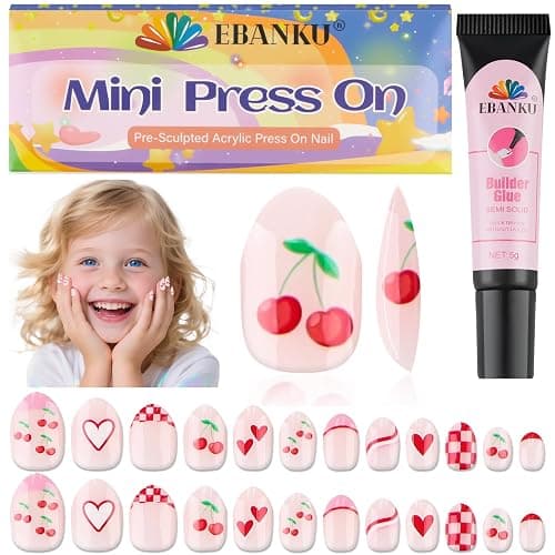 EBANKU 1 Pack Kid Fake Nail Kit, 24 Pieces Press on Nails for Kids Cherries Press on Nail Short False Nail Kits for Kids Girls - Image 1