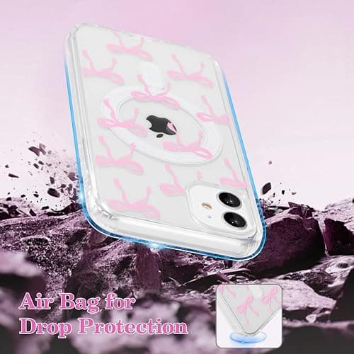 UEEBAI Magnetic for iPhone 11 Case, Bow Case Compatible with MagSafe, Wireless Slim Clear Ribbon Aesthetic Phone Case Anti-Yellowing Shockproof Protective Cover for Women Girl - Pink - iPhone 11 - Pink thumbnail 6