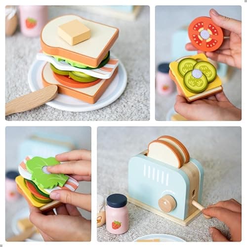 UMU® Wooden Toaster & Sandwich Set for Kids – 14-Piece Pretend Play Kitchen Toy with Real Pop-Up Toaster, Butter, Knife & Accessories – Wooden Kitchen Playset for Boys and Girls Ages 3–6 thumbnail 5