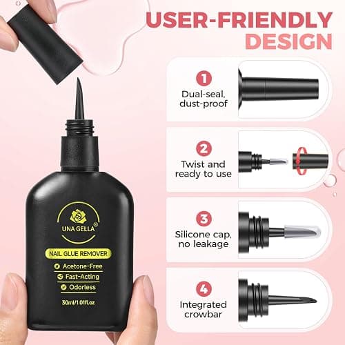 UNA GELLA Press On Nail Glue Remover Built-in-crowbar 30ML Acetone-Free Gentle Soak Off Gel Nail Glue Polish Remover for Nail Tip Adhesive Glue Easily Home DIY Not for U/V Nail Polish thumbnail 5