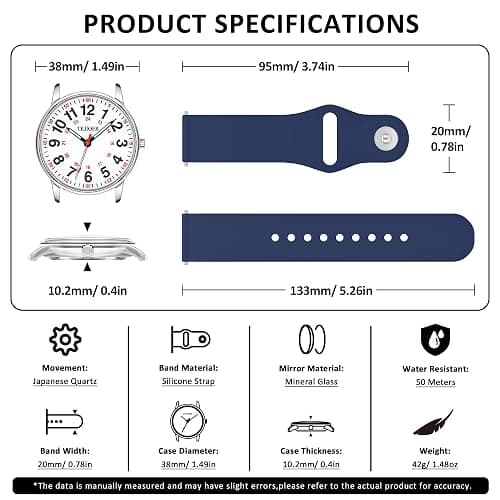 TKIIOER Nurse Watch for Nurse Medical Professionals Students Women Men, 50M Waterproof 12/24 Hour Military Time Luminous Easy Read Dial, Second Hand Watch for Nursing - Navy thumbnail 5