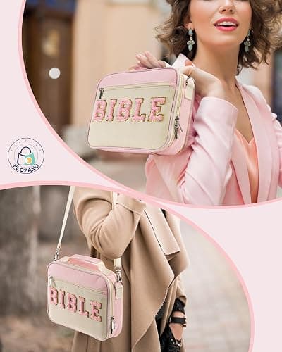 PLOZANO Bible Cover Case for Women, Large Chenille Letter Bible Bag with Shoulder Strap,Pink Bible Carrying Tote Bags for Bible Study Accessories, for Women Lady Teen Grils thumbnail 7