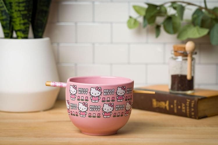 Silver Buffalo Sanrio Hello Kitty Flowers Pattern Ceramic Ramen Noodle Rice Bowl with Chopsticks, Microwave Safe, 20 Ounces thumbnail 9