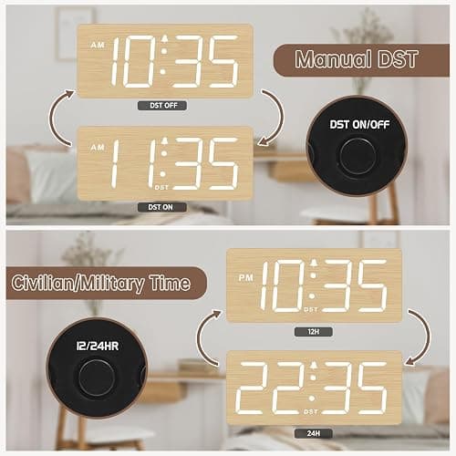 DreamSky Wooden Digital Alarm Clock for Bedroom - Desk Clocks for Living Room with Large Numbers, Dimmer, Loud Alarm for Heavy Sleepers with Volume Control, DST, Office Wood Decor (Plug in Clock) thumbnail 6