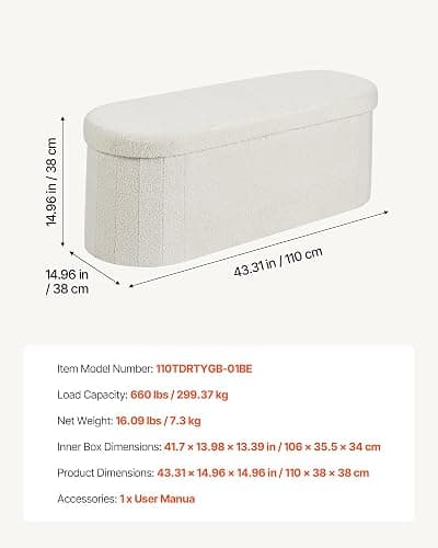 VEVOR Oval Storage Ottoman Bench, Foldable Teddy Fleece End of Bed Bench, Folding Upholstered Bed Ottoman Chest with Large Storage Space, Supports 660 lbs, for Living Room, Bedroom, Entryway, Beige thumbnail 3
