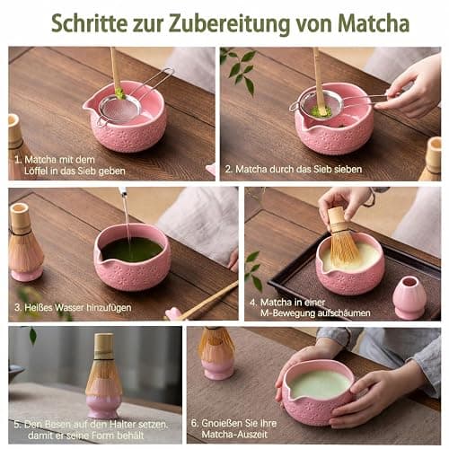 Buucup Matcha Whisk Set, Ceramic Matcha Kit with Bowl & Tools, Pink | 7-piece set includes ceramic bowl, bamboo whisk, scoop, holder, rest, sifter and tea towel for easy matcha making at home. thumbnail 6