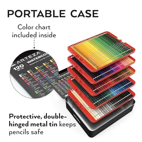 ARTEZA Watercolor Pencils Set of 120 Water-Soluble Colored Pencils for Blending, Layering, Painting, Lightfast Pigments with Soft Cores in Tin Case, Art Supplies for Adults, Artists, Holiday Gift Set thumbnail 6