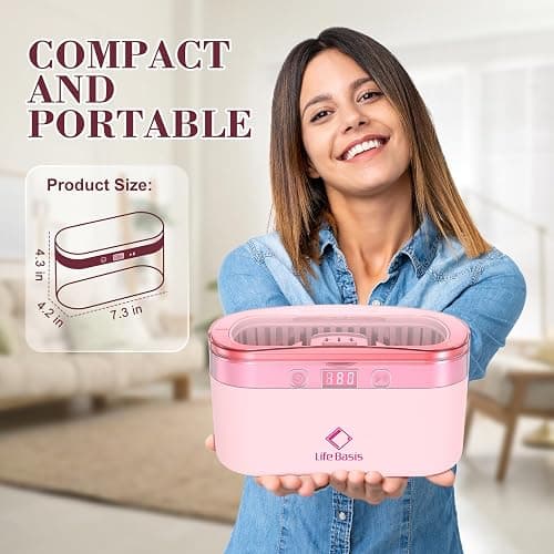 LifeBasis Ultrasonic Jewelry Cleaner, 17 OZ Ultrasonic Cleaner with 42kHz, Portable Jewelry Cleaner with 5 Cleaning Timer and Watch Holder for Jewelry Eyeglasses Watches Gold - Pink thumbnail 4