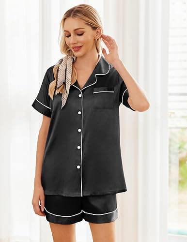 Ekouaer Womens Silk Satin Pajama Sets Soft Short Sleeve Button Down Sleepwear Top and Shorts 2 Piece Pjs Lounge Set S-XXL thumbnail 4