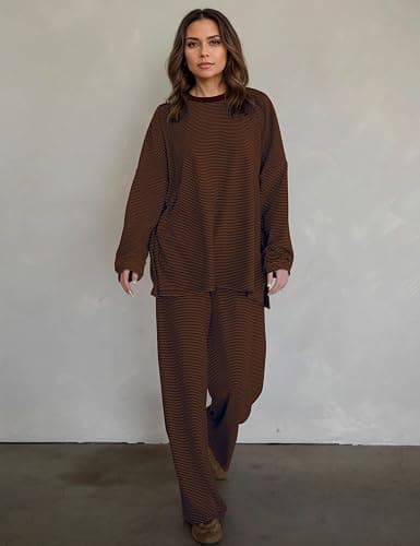 MISSACTIVER Women's 2 Piece Striped Lounge Set Long Sleeve Oversized T-Shirt Wide Leg Pants Matching Pajamas Set thumbnail 3