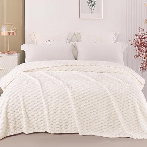Exclusivo Mezcla Queen Size Soft Fleece Blanket, 90x90 Inches Stylish Jacquard Velvet Blanket for Bed, Fuzzy Cozy Lightweight for All Season, Ivory thumbnail 2