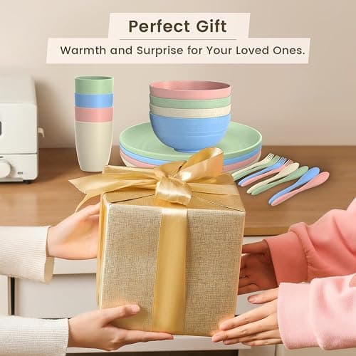 Wheat Straw Dinnerware Sets, 20 PCS Dishes Dinnerware Set Microwave and Dishwasher Safe, Lightweight Unbreakable Dishes, Reusable Dinner Plates Kids Plates and Bowls Sets for Kitchen, Camping - 20 PCS - Multicolor-Light thumbnail 8