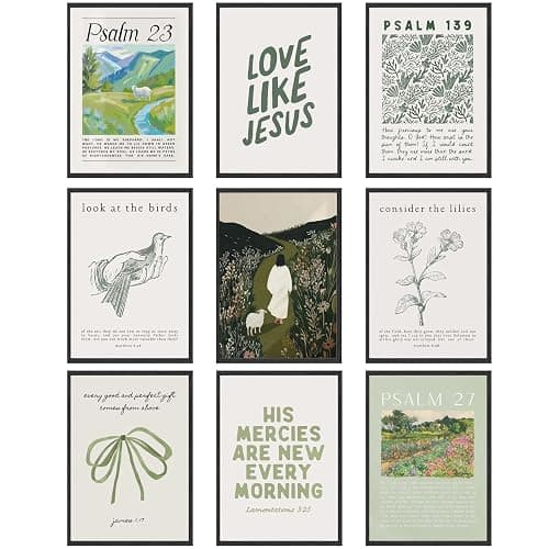 9pcs Sage Green Christian Wall Art Bible Verse Paintings Pictures Wall Decor Jesus Poster Printing Artwork for Living Room Bedroom Christian Housewarming Gift Fashionable College Style Home Decoration - Image 1