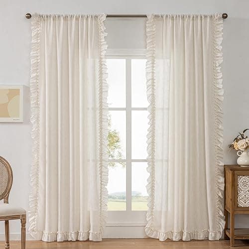 Farmhouse Curtains 84 Inches Long 2 Panels Natural Linen Textured Ruffle Curtains for Bedroom Living Room, Rod Pocket Privacy Flowy Drapes Semi-Sheer Cottage Scalloped Edge Curtain Set, W47xL84 Inch - Image 1