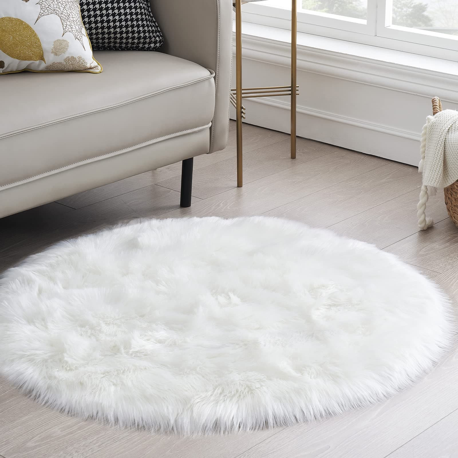 White Fluffy Rug Round Fur Area Rug for Bedroom, Circle Faux Fur Rug for Kids Room, Cute Teepee Mat Fuzzy Nursery Rug, Shaggy Circular Rugs Floor Carpets for Teens Girls Rooms Home Decor, 4 x 4 Feet thumbnail 2