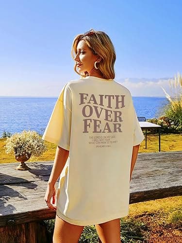BANGELY Faith Over Fear Shirt Women Graphic Shirts Oversized Workout Gym Christian Religious Tees Drop Shoulder Tee Tops thumbnail 5