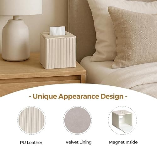 KALEKAIL PU Leather Tissue Box Cover, Square Tissue Box Holder with Magnetic Closure, Modern Cube Tissue Covers Tissue Holders for Bathrooms, Ivory White thumbnail 5
