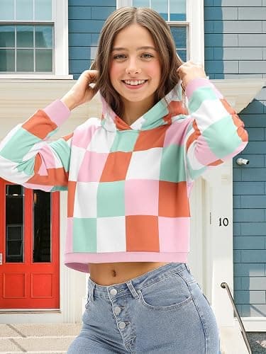 Seiciviy Girls Crop Tops Kids Hoodies Cute Plaid Color Block Shirts Long Sleeve Cropped Casual Pullover Fashion Sweatshirts thumbnail 3