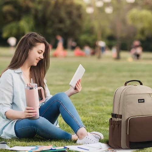 LOVEVOOK Laptop Backpack for Women with Pouch Pocket for Large Capacity Cup,15.6 Inch Teacher Nurse College Work Backpack Purse,Waterproof Laptop Bag Computer Back Pack for Travel, Khaki-Coffee-Black thumbnail 2