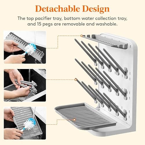 Lifewit Baby Bottle Drying Rack, Standing Holder with 15 Hooks, Detachable Brackets, Space Saving Countertop Organiser for Feeding Nipples, Teats, Soothers, Sealing Discs Storage, Newborn Essentials thumbnail 6