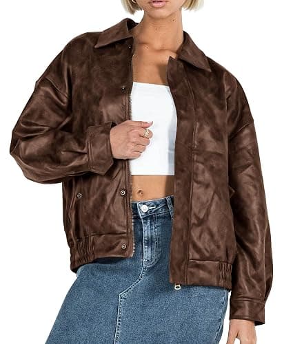 PRETTYGARDEN Women's Faux Leather Motorcycle Jacket Trendy Fall Spring Clothes Oversized Zip Up Winter Coat Outerwear - Image 1