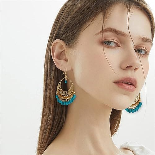 KVANU Handmade Creative Colorful Bohemian Chandelier Teardrop Bead Dangle Drop Earrings Ethnic Gypsy Beads Tassel Hoops Earrings for Women thumbnail 4