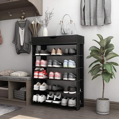 sogesfurniture 5-tier Wooden Shoes Rack Organizer with Storage Compartment, Free Standing Shoe Storage Shelf for Entryway, Living Room, Hallway, Doorway (29.5" Black) thumbnail 2