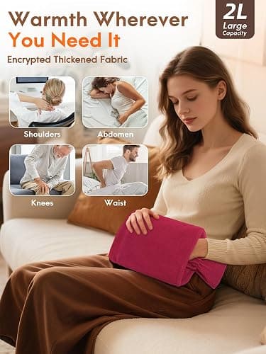 MUPAS Hot Water Bottle with Fleece Cover - 2L Large Leakproof Hot Water Bag - Soft Hot Water Bottle with Hand Pocket and Natural Rubber -for Hands, Feet, Shoulders, Neck, Abdomen, Legs (Red) thumbnail 4