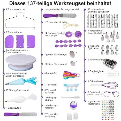 Torten Zubehör Set, 137-teiliges, mit Drehteller Tortenplatte Drehbar, Edelstahl und PP-Material, Lnklusive Kuchenschaber, Spritztüllen Set Cake Decorating Turntable für Anfänger und Profis(Lila) thumbnail 3