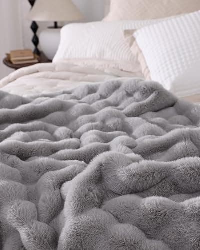 blunique Ultra Soft Cozy Faux Fur Throw Blanket, Fuzzy Plush Thick Bubble Blanket, Oversize Luxury Fluffy Blanket for Couch, Bed, and Living Room, 50x60 Inches, Light Grey thumbnail 8