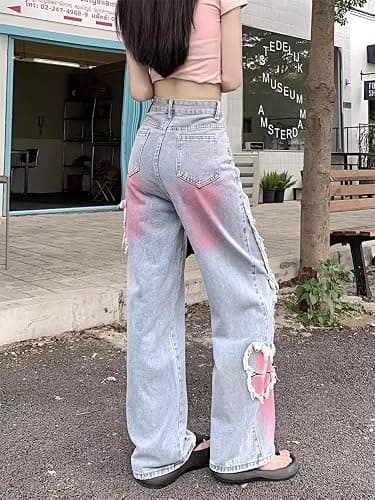 Y2K Baggy Ripped Jeans for Women – Wide Leg Butterfly Print & Star Patch Distressed Denim Pants High Waist Streetwear thumbnail 7