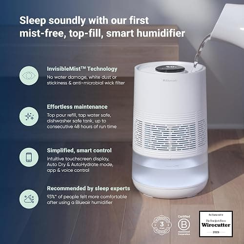 BLUEAIR Premium Smart Humidifier for Large Rooms, Bedrooms, Better Sleep with Evaporative Invisible Mist Tech, Auto Humidify, Easy Top Fill, Smart Control with App, Touchscreen, 3.5L Tank for 48 hours thumbnail 2