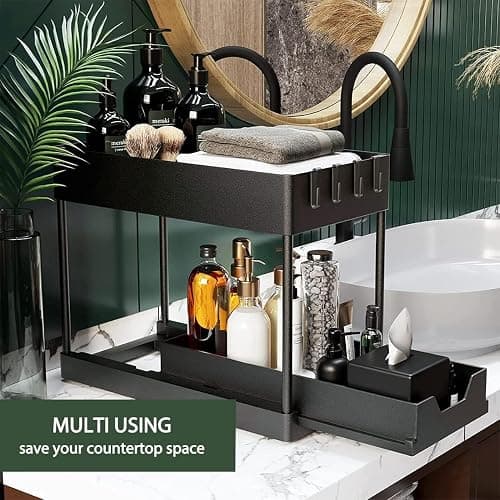 Bnimtm 2 Pack Under Sink Storage Kitchen Organiser - Sliding Drawer Pull Out Under Sink Organiser with Hooks Cup for Kitchen Bathroom thumbnail 4
