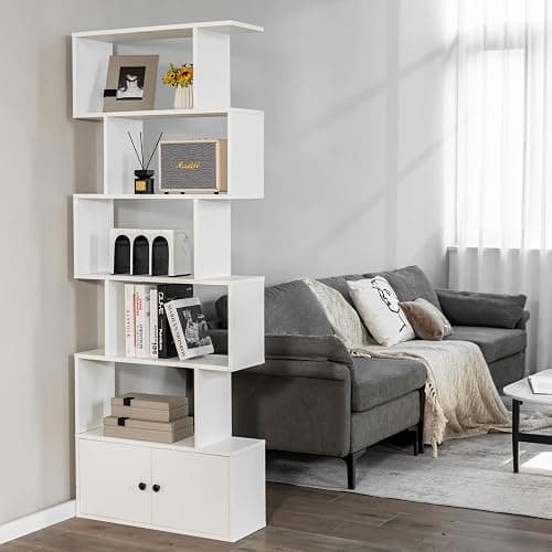 Giantex 6-Tier Geometric Bookcase with Cabinet, Freestanding Display Shelves with Anti-Tipping Device, Wood S-Shaped Bookshelf for Living Room, Bedroom, Study, White thumbnail 4