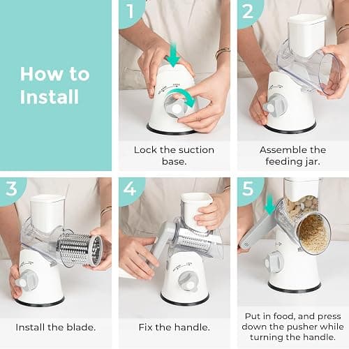 X Home Rotary Cheese Grater for Kitchen, Shredder with 3 Interchangeable Blades, Rotary Grater with Handle and Strong Suction Base, for Vegetables, Fruit, Nuts, Easy to Use and Clean, White thumbnail 7