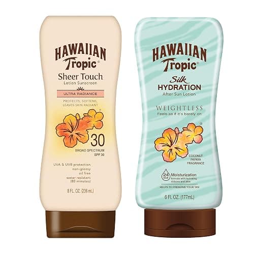 Hawaiian Tropic SPF 30 Broad Spectrum Sunscreen and After Sun Pack with 8oz Sheer Touch Moisturizing Sunscreen Lotion and 6oz Silk Hydration Weightless After Sun Lotion - Image 1